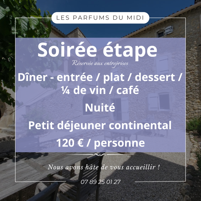 🌿 Soirée étape – spéciale entreprises 🌿
Après une journée de travail, place au confort et à la gourmandise aux Parfums du Midi.
À 120 € par personne, profitez d’une soirée clé en main :
🍽️ Dîner complet entrée • plat • dessert
🍷 ¼ de vin & café
🛏️ Nuitée au calme
🥐 Petit-déjeuner continental
Un cadre chaleureux, une cuisine maison et des produits locaux pour allier efficacité professionnelle et douceur de vivre.
📩 Renseignements & réservations en message privé
✨ Offrez à vos collaborateurs une vraie pause bien-être… comme à la maison.